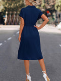 themeisles Tied Waist Solid Color Buttoned Short Sleeves High Waisted Lapel Collar Shirt Dress Midi Dresses