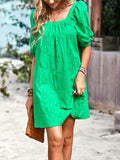 themeisles Solid Color Jacquard Puff Sleeves Loose Square-neck Mini Dresses