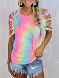 themeisles Summer New Round Neck Women's Tie-dye Print Short-sleeved Strapless Sexy Casual Pullover T-shirt Loose Type Top