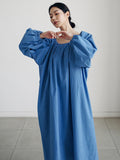 themeisles Original Casual Loose Solid Color Pleated Puff Sleeves Midi Dress