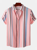 themeisles Summer Pink Striped Short Stand-up Collar Shirt Pop-up Men's Short-sleeved Casual Large Size Loose Type Thin Shirt Men's