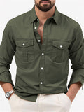themeisles New Solid Color Men's Lapel Shirts with Multiple Pockets Casual Fashion Long-sleeved Tops for Men