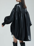 themeisles Solid Color Pleated Drawstring Puff Sleeves Loose Stand Collar Mini Dresses