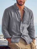 themeisles Solid Color Casual Lapel Pocket Decorated Cardigan Linen Cotton Linen Loose Casual Retro Men's Long-sleeved Shirt
