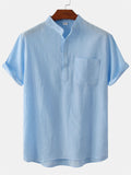 themeisles Summer New Cotton Shirt Men's Solid Color Collar Pocket Decoration Cotton Short-sleeved Comfortable Casual Shirt
