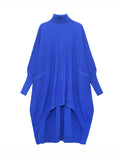 themeisles Batwing Sleeves High-Low Pockets Solid Color High-Neck Midi Dresses Sweater Dresses