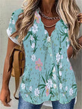 themeisles Women's Shirt Blouse Black White Yellow Floral Tie Dye Button Print Short Sleeve Casual Holiday Basic V Neck Regular Floral S