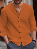themeisles Autumn and Winter Solid Color New Slim Type Men's Retro Cotton and Linen Casual Loose Stand-up Collar Long-sleeved Shirt