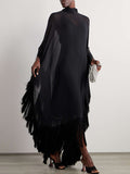 themeisles Batwing Sleeves Loose See-Through Solid Color Tasseled Mock Neck Maxi Dresses