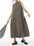 themeisles Solid Color Pleated Sleeveless Loose Stand Collar Shirt Dress Midi Dresses