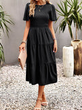 themeisles Solid Color Elastics Short Sleeves Loose Round-neck Midi Dresses