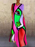 themeisles Retro Portrait Cat V-neck Multicolor Four-sided Elastic Dress