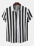themeisles Summer Hot Sale Men's Printed Striped Short-sleeved Lapel Hong Kong Style Personality Loose Casual Shirt