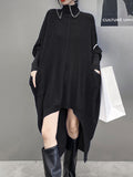 themeisles Batwing Sleeves High-Low Pockets Solid Color High-Neck Midi Dresses Sweater Dresses