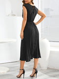 themeisles Tied Waist Solid Color Pleated Sleeveless V-Neck Midi Dresses