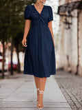 themeisles Split-Joint Solid Color Pleated Knot Elasticity Short Sleeves Puff Sleeves V-neck Midi Dresses
