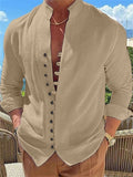 themeisles Men's Shirt Linen Shirt Button Up Shirt Casual Shirt Summer Shirt Black White Pink Long Sleeve Plain Band Collar Summer Spring & Fall Daily Vacation Clothing Apparel