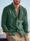 themeisles Solid Color Casual Lapel Pocket Decorated Cardigan Linen Cotton Linen Loose Casual Retro Men's Long-sleeved Shirt