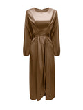 themeisles Zipper Tied Waist Solid Color High-Waisted Wrap Round-neck Maxi Dresses