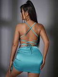 themeisles Lace-Up Cowl Neck Spaghetti Strap Dress