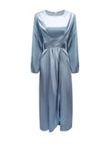 themeisles Zipper Tied Waist Solid Color High-Waisted Wrap Round-neck Maxi Dresses