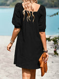 themeisles Solid Color Jacquard Puff Sleeves Loose Square-neck Mini Dresses