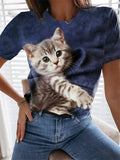 themeisles Summer T-shirt Cat 3D Round Neck Short-sleeved Top T-shirt Blue Purple Green