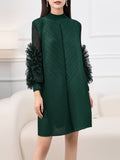 themeisles Solid Color Pleated Embroidered Loose Long Sleeves Round-neck Midi Dresses