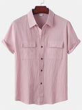 themeisles Summer New Men's Linen Short-sleeved Shirt Men's Square Collar Casual Cotton Linen Shirt Hemp Material Pure Color Half-sleeved Blouse