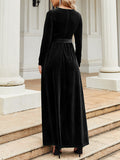 themeisles Zipper Solid Color Pleated Belted Wrap Long Sleeves Round-Neck Maxi Dresses