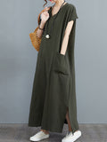 themeisles Simple Ramie Cotton Solid Color Split-Side With Pocket V-Neck Short Sleeves Maxi Dress