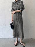 themeisles Casual A-Line Long Sleeves Bandage Solid Color Lapel Collar Shirt Midi Dresses