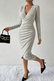 themeisles Ribbed Surplice Long Sleeve Midi Dress