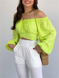 themeisles Tops Female Solid Color Exposed Umbilical Cord Lantern Sleeves A Collar Sexy Hot Girls Laced Bubble Sleeve Long-sleeved Shirt