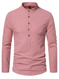themeisles New Men's Henry Collar Stand-up Collar Long-sleeved Striped Shirt Fashion Loose Comfortable Casual Shirt