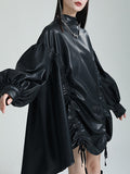 themeisles Solid Color Pleated Drawstring Puff Sleeves Loose Stand Collar Mini Dresses