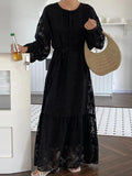 themeisles Tied Waist Split-Joint Solid Color Pleated Flower Print Puff Sleeves Loose Round-Neck Maxi Dresses