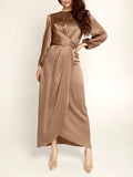themeisles Zipper Tied Waist Solid Color High-Waisted Wrap Round-neck Maxi Dresses