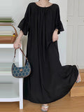 themeisles Solid Color Loose Half Sleeves Round-Neck Midi Dresses