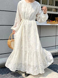 themeisles Tied Waist Split-Joint Solid Color Pleated Flower Print Puff Sleeves Loose Round-Neck Maxi Dresses