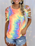themeisles Summer New Round Neck Women's Tie-dye Print Short-sleeved Strapless Sexy Casual Pullover T-shirt Loose Type Top