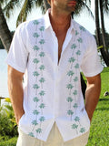themeisles Summer Short-sleeved Large Yards Coconut Tree Pattern Printed Shirt Men's Casual Tops Shirt Green White