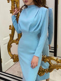 themeisles Solid Color Pleated Skinny Long Sleeves Mock Neck Midi Dresses