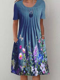 themeisles Casual Flower Round Neck Pleated Dress