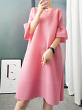 themeisles Stylish Selection Flared Sleeves A-Line Pleated Solid Color Round-Neck Midi Dresses