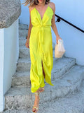 themeisles Sexy Dress Silky Fabric New Deep V Dress Open Backless Halter Dress Female