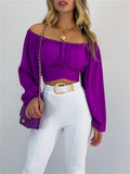themeisles Tops Female Solid Color Exposed Umbilical Cord Lantern Sleeves A Collar Sexy Hot Girls Laced Bubble Sleeve Long-sleeved Shirt