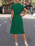 themeisles Tied Waist Solid Color Buttoned Short Sleeves High Waisted Lapel Collar Shirt Dress Midi Dresses