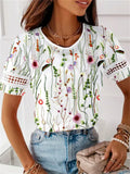 themeisles Spring and Summer Lace Patchwork Floral Print Short-sleeved Round Neck T-shirt Loose Type Comfortable Casual Female Tops
