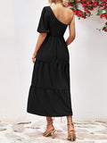 themeisles Solid Color Puff Sleeves Loose One-Shoulder Midi Dresses